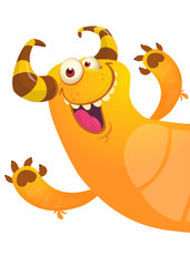Cartoon yellow furry monster trying to scare from behind the wall. Halloween vector illustration of excited monster
