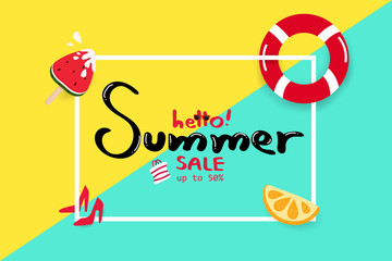 Fototapeta na wymiar Hello summer, sales tag frame, travel seasonal holiday vacation, card and poster advertisement, colorful background vector illustration