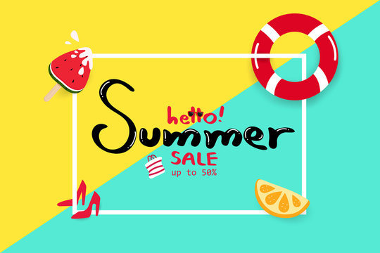 Hello summer, sales tag frame, travel seasonal holiday vacation, card and poster advertisement, colorful background vector illustration