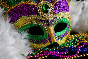 Close up view of a jester mask with a white boa and color coordinating beads.  Conceptual for Mardi Gras, carnival, or festival. © Jennifer