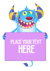 Cute cartoon Halloween monster holding empty sign (you can place your own text there) - Great for websites, greeting cards, printed on your products