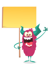Cute friendly cartoon monster holding a blank sign in his hands