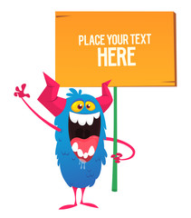 Cartoon monster holding wooden sign. Vector illustration. Isolated 