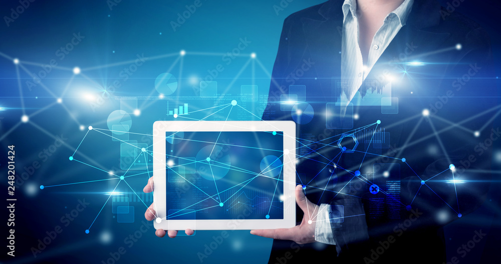 Poster elegant hand holding tablet with virtual database and network concept