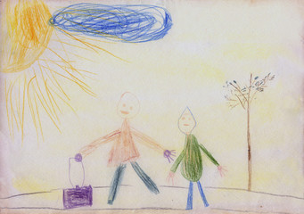Children's drawing on paper. Mom and child are holding hand