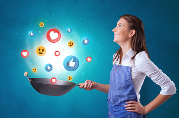 Young happy person cooking social media concept in wok

