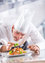 Chef in restaurant kitchen prepares and decorates meal with hands. Cook preparing spaghetti bolognese