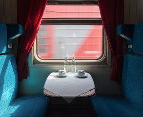 Railroad train interior, blue seats