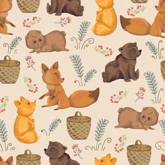 Seamless pattern with little foxes, teddy bear, basket, berries and fern leaves.  Design in watercolor style for baby shower party, wallpaper, fabric. Cartoon characters. Vector illustration.