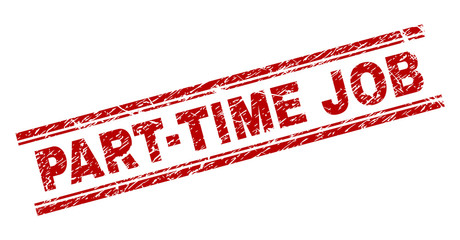 PART-TIME JOB seal print with distress texture. Red vector rubber print of PART-TIME JOB label with dust texture. Text title is placed between double parallel lines.
