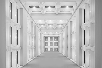 Abstract tunnel, abstract light, smoke. Abstract architectural background. 3D rendering.