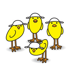 Four Yellow Chicks wearing Handkerchiefs on Heads