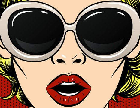 Color vector pop art comic style illustration of a woman's face close up. The girl in dark glasses in a white frame. Girl with red lips. The girl opened her mouth in surprise.