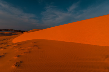 Fototapeta na wymiar Lonely sand dunes. Sunset desert landscape