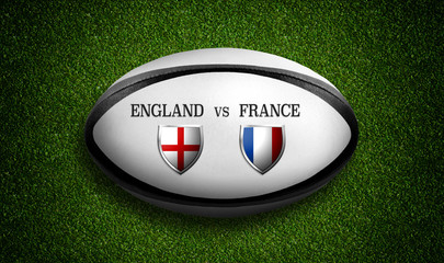 Rugby Match schedule, England vs France, flags of countries and rugby ball - 3D rendering