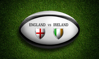 Rugby Match schedule, England vs Ireland, flags of countries and rugby ball - 3D rendering