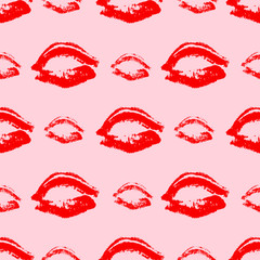 Seamless pattern red lipstick kiss on pink background. Lips prints vector illustration. Perfect for Valentines day postcard, greeting card, textile design, wrapping paper, etc.