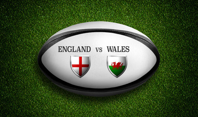 Rugby Match schedule, England vs Wales, flags of countries and rugby ball - 3D rendering