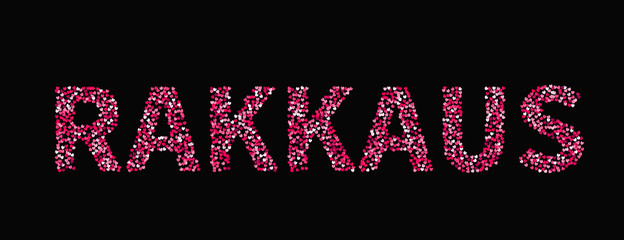 The word Rakkaus made of little hearts shades of red and pink on black background. Love in Finnish language. Valentine’s day typography poster. Vector illustration. Easy to edit template.