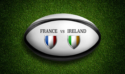 Rugby Match schedule, France vs Ireland, flags of countries and rugby ball - 3D rendering