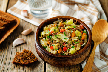 Cabbage minced beef ragu with fresh rye bread