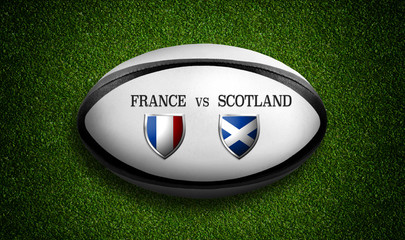 Rugby Match schedule, France vs Scotland, flags of countries and rugby ball - 3D rendering