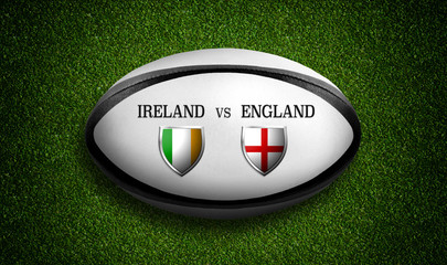 Rugby Match schedule, Ireland vs England, flags of countries and rugby ball - 3D rendering