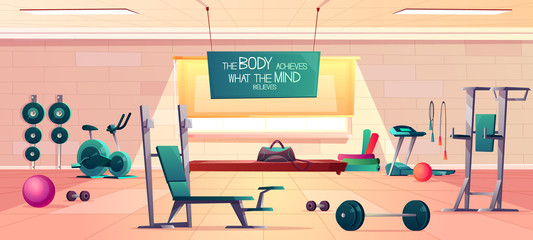 Sport club gym spacious interior cartoon vector with various fitness equipment and machines for body workout, exercise with weights and motivational slogan on signboard illustration. Healthy lifestyle