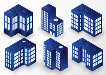 Set of isolated modern city buildings - isometric illustration of various city dwellings and offices, detailed vector images with separated elements - vector graphics