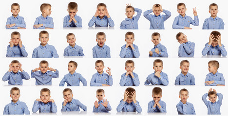 Cute boy, set of different emotions, collage on white background
