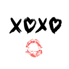 XOXO hand written phrase and red lipstick kiss isolated on white background. Hugs and kisses sign. Grunge brush lettering XO. Easy to edit template for Valentine’s day greeting card, banner, poster.