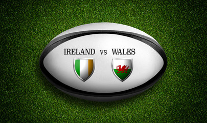 Rugby Match schedule, Ireland vs Wales, flags of countries and rugby ball - 3D rendering