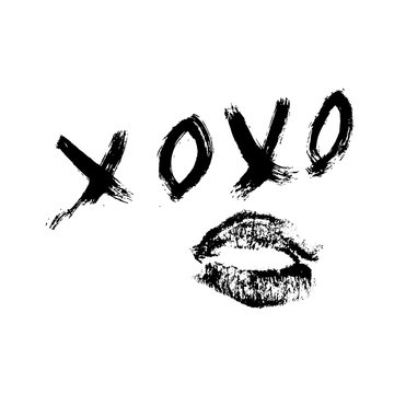 XOXO hand written phrase and lipstick kiss isolated on white background. Hugs and kisses sign. Grunge brush lettering XO. Easy to edit template for Valentine’s day greeting card, banner, poster.
