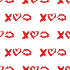 Lips print and XOXO written with red lipstick and hearts. XO and lipstick kiss seamless pattern. Hugs and kisses Vector illustration. Valentines day background.  Fashion, beauty and glamour concept.