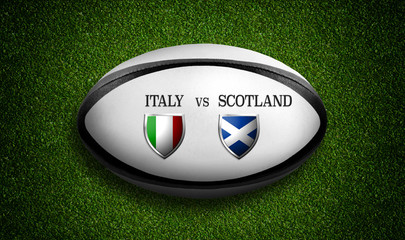 Rugby Match schedule, Italy vs Scotland, flags of countries and rugby ball - 3D rendering