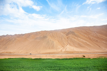 green grass at the foot of the red mountain