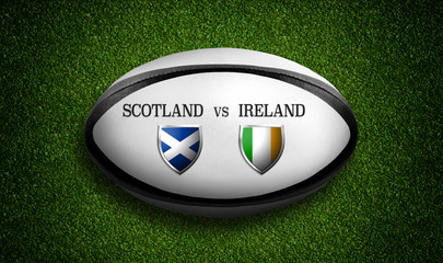 Rugby Match schedule, Scotland vs Ireland, flags of countries and rugby ball - 3D rendering