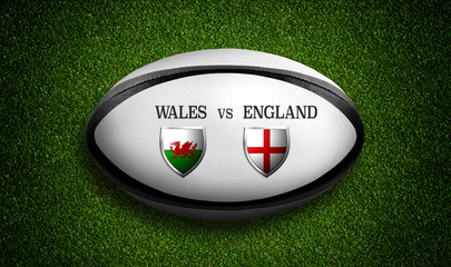 Rugby Match schedule, Wales vs England, flags of countries and rugby ball - 3D rendering