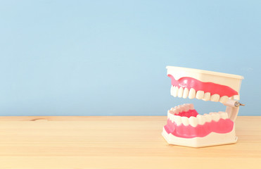 Dental care tools use for dentist and plastic teeth model in the clinic. Wooden blue background.