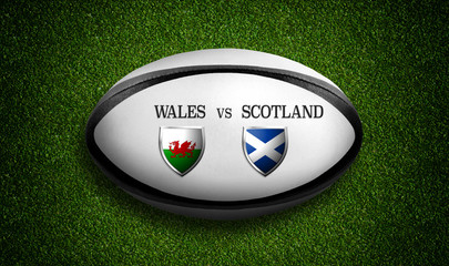 Rugby Match schedule, Wales vs Scotland, flags of countries and rugby ball - 3D rendering