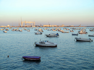 Fototapeta premium Fishing boats in the bay of Cadiz, Andalusia. Spain.Europe