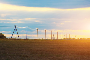 Low poles with electric wires shining on a sunny sunset in a field of horizon.