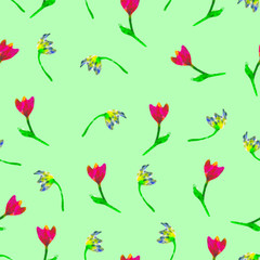 Floral seamless pattern. Hand painted tulips plum. Bright watercolor illustration. Yellow and red flowers on green background. Spring or summer wallpaper. For print, fabric, textile, paper, backdrop.