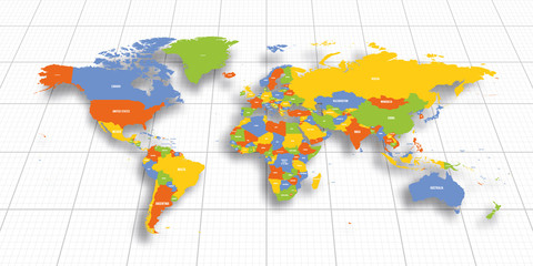 Colorful geopolitical map of World. Bottom perspective view with background grid. Vector illustration