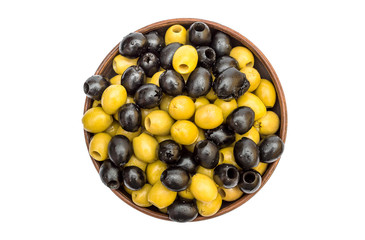 Bowl with green and black olives on white. Top view.