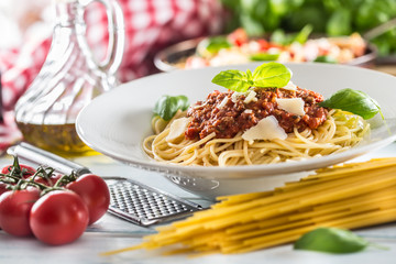 Close up italian pasta spaghetti bolognese in white plate