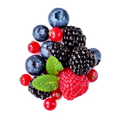 Isolated mixed berries. Raspberry, Blueberry,  Cranberry, Blackberry and Mint leaves on white background. Top view.