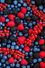 Berry Pattern. Fresh Summer Berries mix Background with Strawberry, Raspberry, Red currant, ...