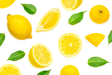 Lemon Pattern. Lemon fruits  and slices with leaf isolated on white background. Flat lay, top view .
