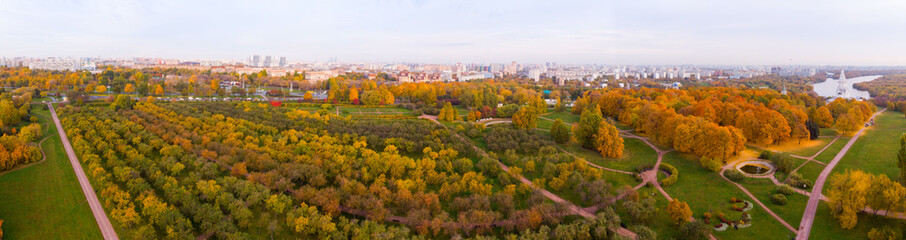 Church of the Ascension in Kolomenskoye park in autumn season aerial view, Moscow, Russia.